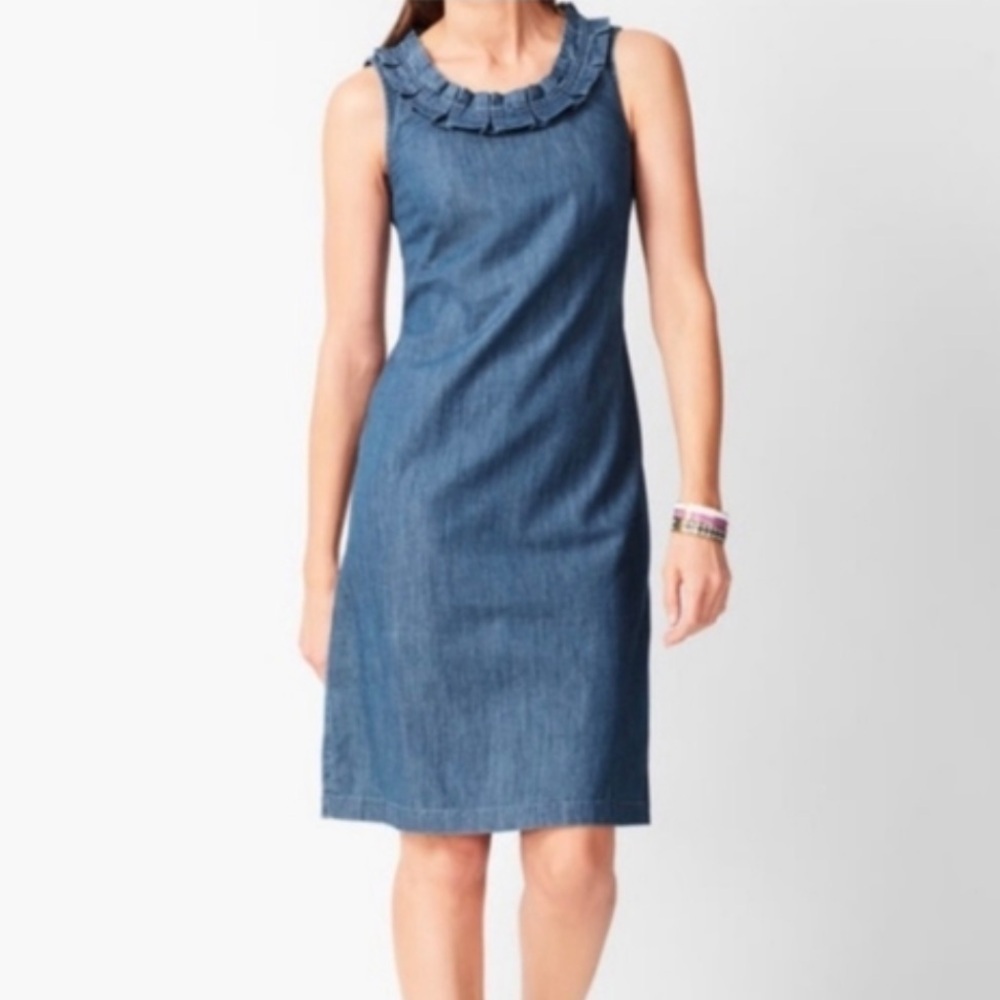 Talbots chambray sleeveless ruffle neck dress